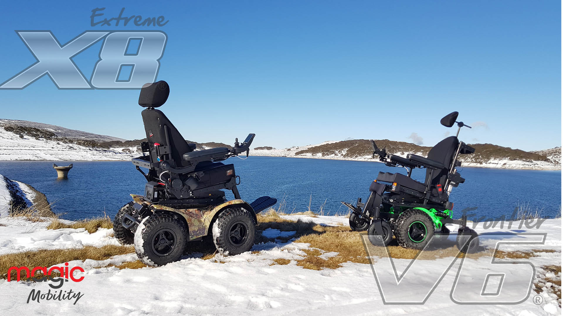 Motus - Extreme X8 all terrain power chair on a beach with Frontier V6